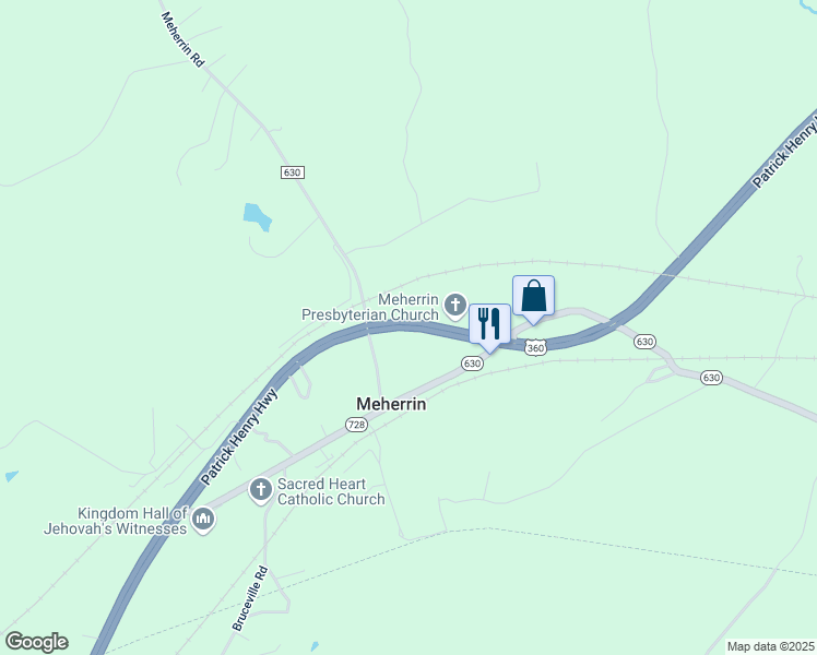 map of restaurants, bars, coffee shops, grocery stores, and more near Patrick Henry Highway in Meherrin