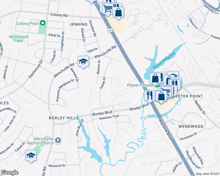 map of restaurants, bars, coffee shops, grocery stores, and more near 293 Buttercup Lane in Newport News