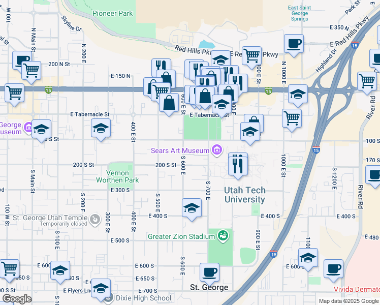 map of restaurants, bars, coffee shops, grocery stores, and more near 623 East 160 South in St. George