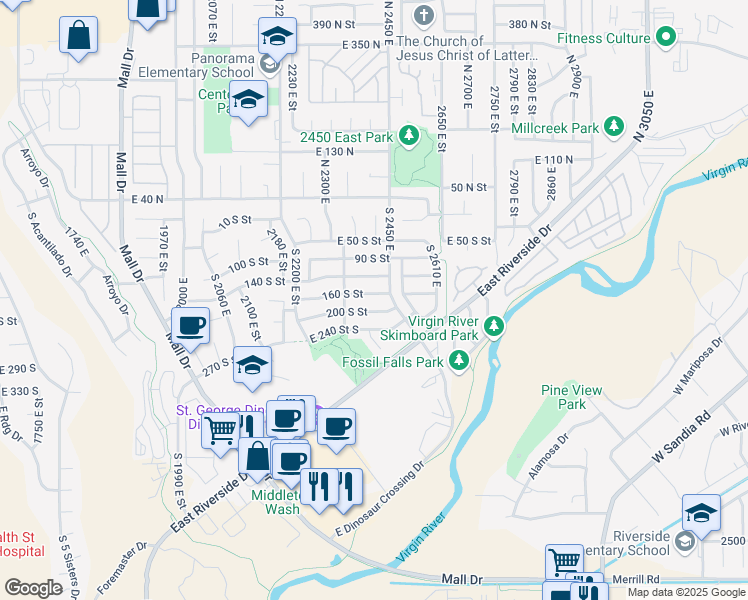map of restaurants, bars, coffee shops, grocery stores, and more near 2416 East 160 South in Saint George