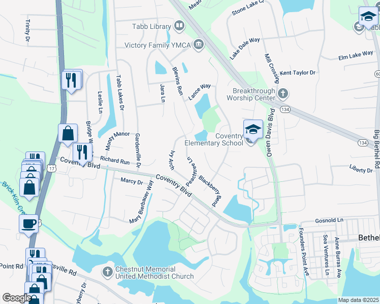 map of restaurants, bars, coffee shops, grocery stores, and more near 314 Peachtree Lane in Yorktown