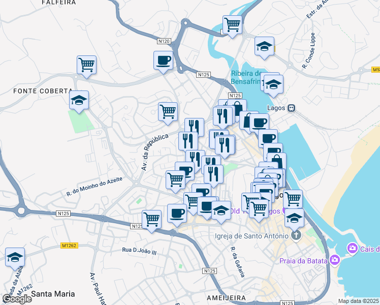 map of restaurants, bars, coffee shops, grocery stores, and more near 6 Rua Doutor José Francisco de Matos Nunes Silva in Lagos