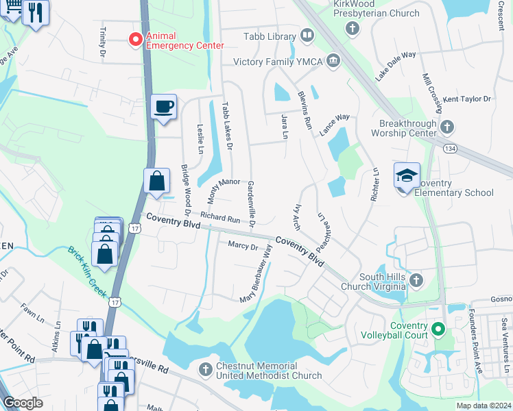 map of restaurants, bars, coffee shops, grocery stores, and more near 309 Gardenville Drive in Yorktown