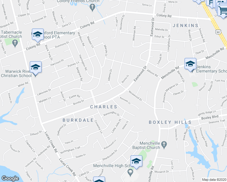 map of restaurants, bars, coffee shops, grocery stores, and more near 27 Bonita Drive in Newport News