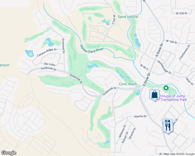 map of restaurants, bars, coffee shops, grocery stores, and more near 32 150 South Crystal Lakes Drive in St. George