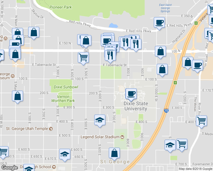 map of restaurants, bars, coffee shops, grocery stores, and more near 635 East 160 South in Saint George