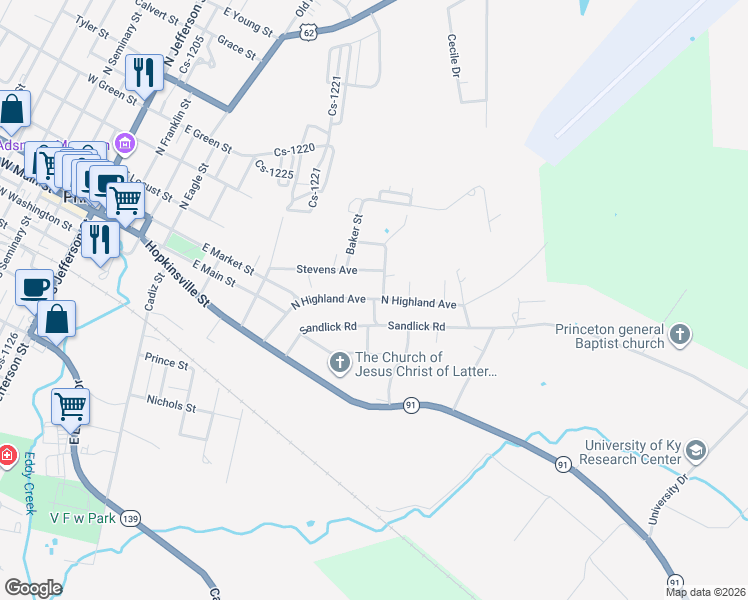 map of restaurants, bars, coffee shops, grocery stores, and more near 198 North Highland Avenue in Princeton