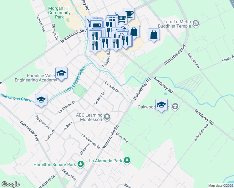 map of restaurants, bars, coffee shops, grocery stores, and more near 312 La Vela Court in Morgan Hill