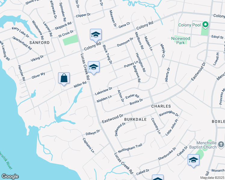 map of restaurants, bars, coffee shops, grocery stores, and more near 124 Lakeview Drive in Newport News