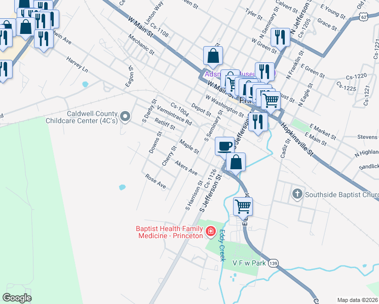 map of restaurants, bars, coffee shops, grocery stores, and more near 307 Maple Street in Princeton
