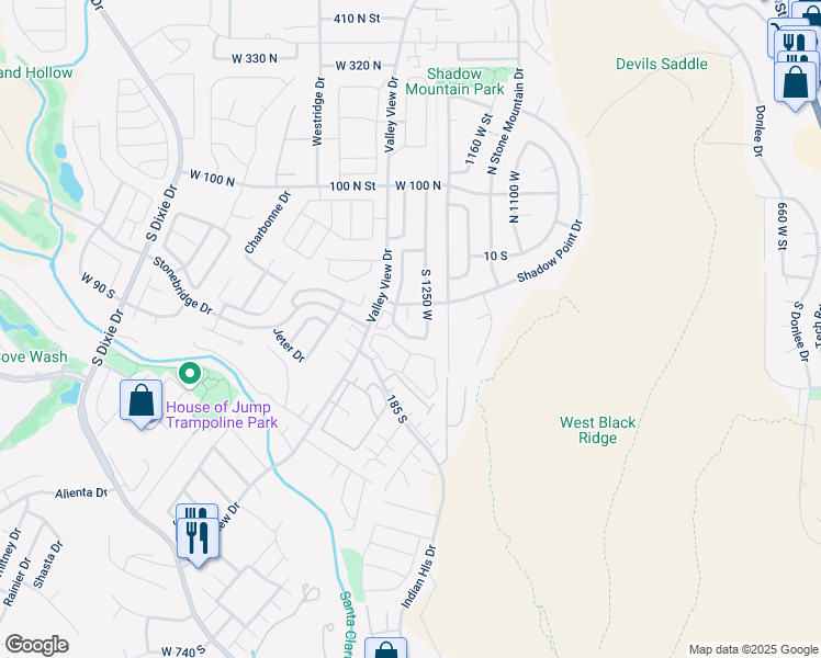 map of restaurants, bars, coffee shops, grocery stores, and more near 1287 Shadow Point Drive in St. George