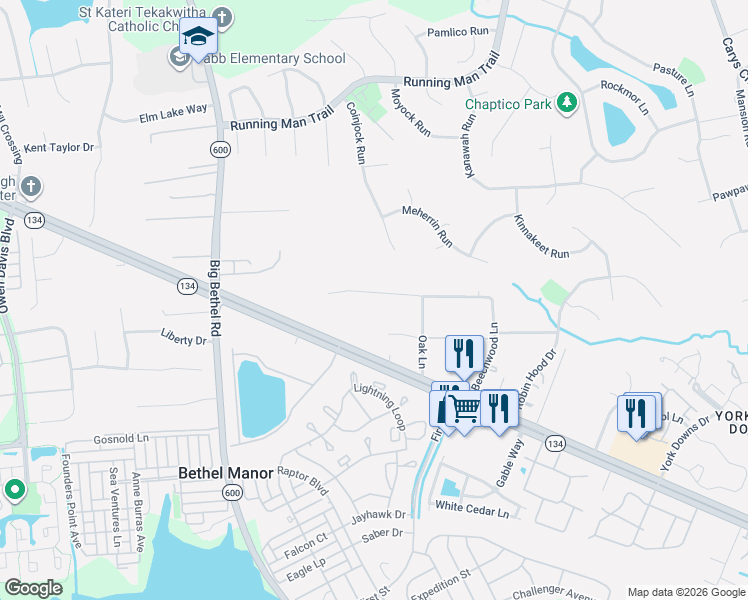 map of restaurants, bars, coffee shops, grocery stores, and more near 103Z Oak Lane in Yorktown