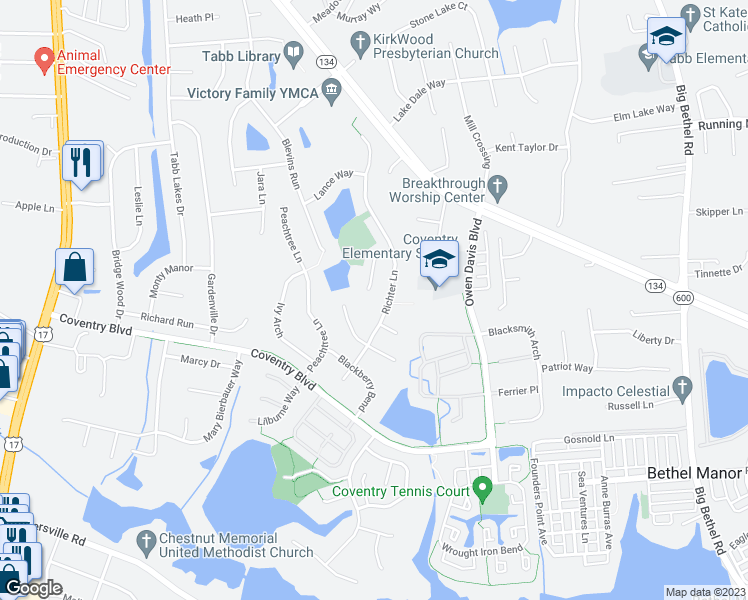 map of restaurants, bars, coffee shops, grocery stores, and more near 119 Sheldon Court in Yorktown