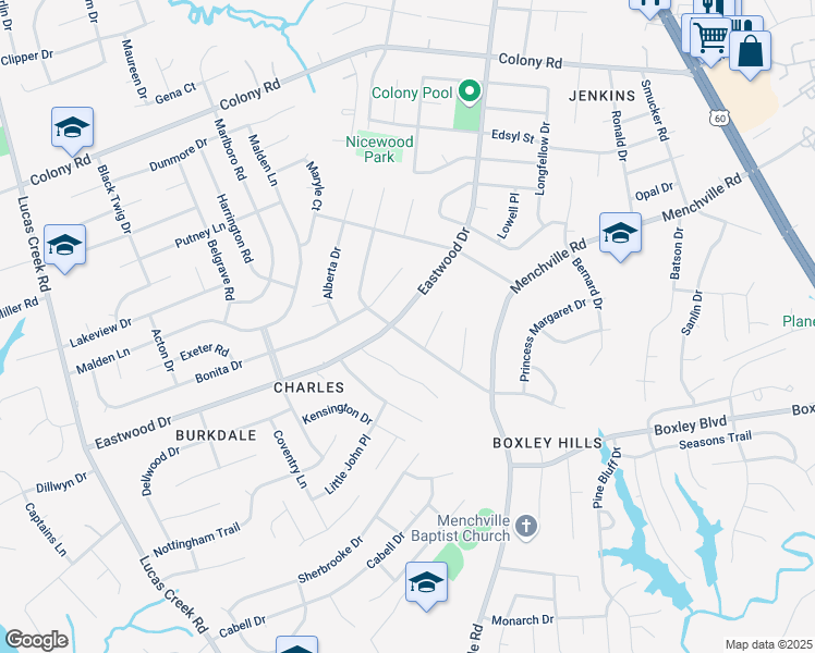 map of restaurants, bars, coffee shops, grocery stores, and more near 126 Nicewood Drive in Newport News