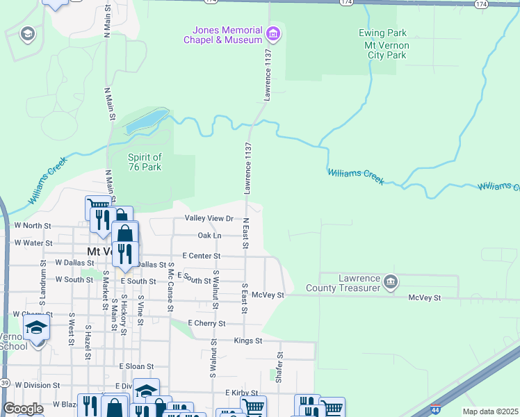map of restaurants, bars, coffee shops, grocery stores, and more near 405 North East Street in Mount Vernon