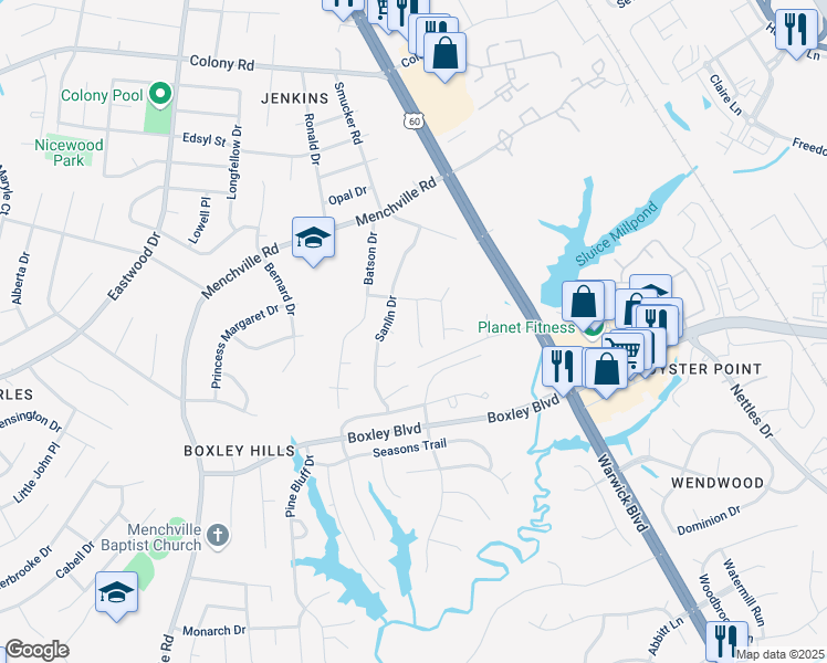 map of restaurants, bars, coffee shops, grocery stores, and more near 293 Buttercup Lane in Newport News