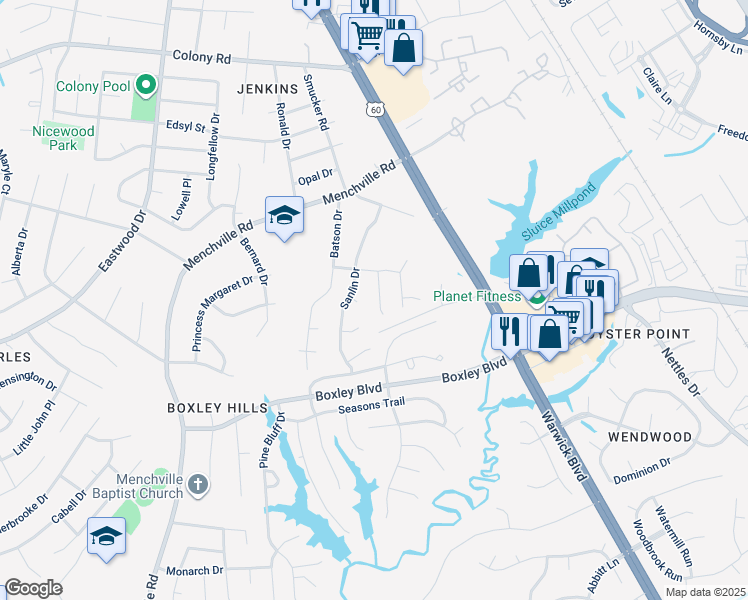 map of restaurants, bars, coffee shops, grocery stores, and more near 293 Buttercup Lane in Newport News