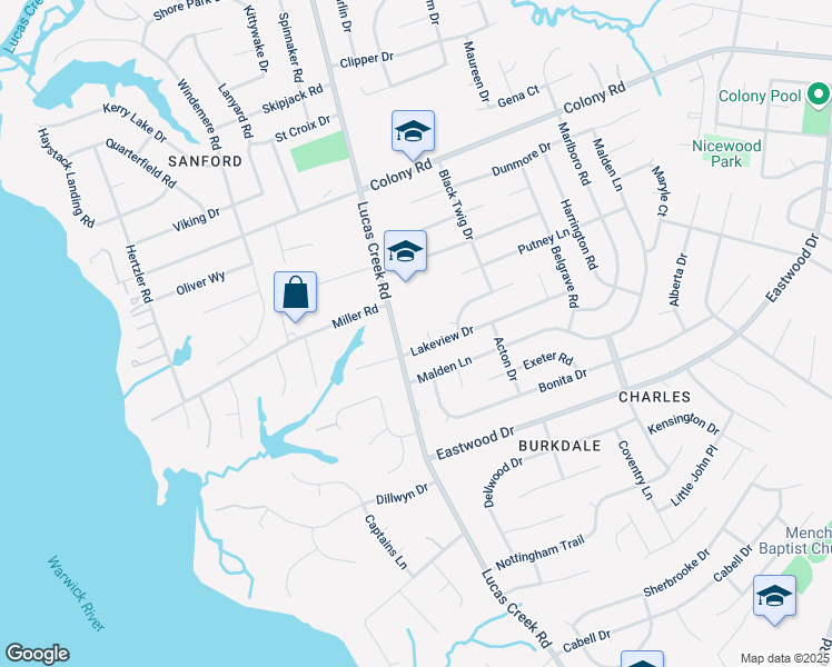 map of restaurants, bars, coffee shops, grocery stores, and more near 117 Lakeview Drive in Newport News