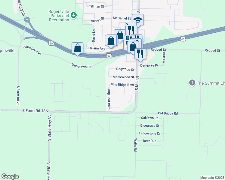 map of restaurants, bars, coffee shops, grocery stores, and more near 101-199 Short Leaf Circle in Rogersville