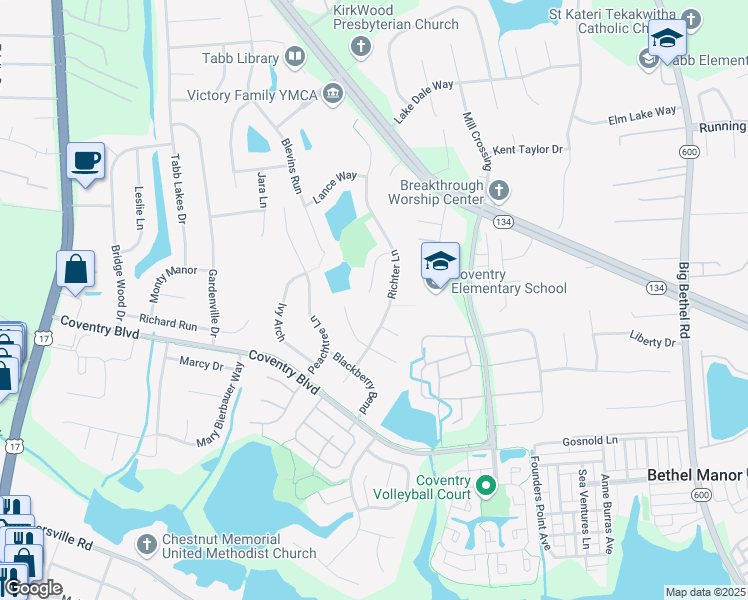 map of restaurants, bars, coffee shops, grocery stores, and more near 119 Sheldon Court in Yorktown