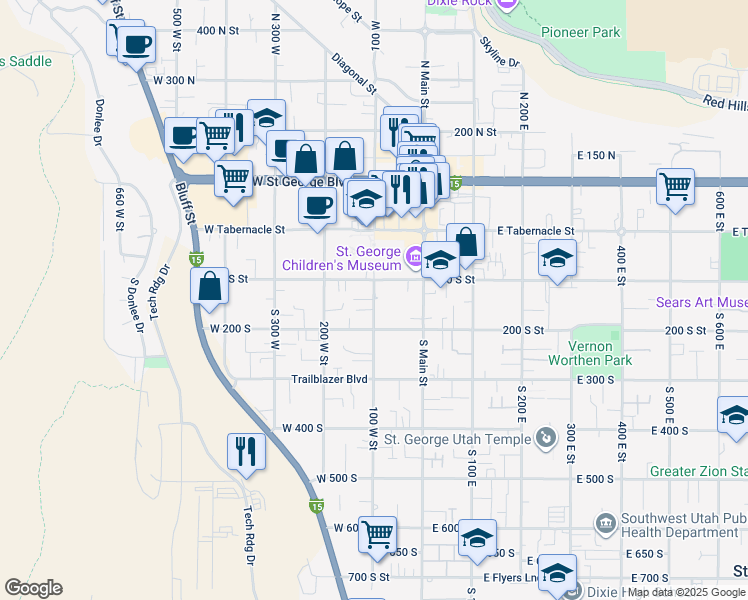 map of restaurants, bars, coffee shops, grocery stores, and more near 135 South 100 West Street in St. George