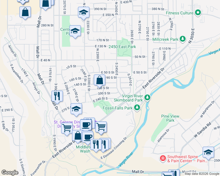 map of restaurants, bars, coffee shops, grocery stores, and more near 2402 East 160 South in St. George