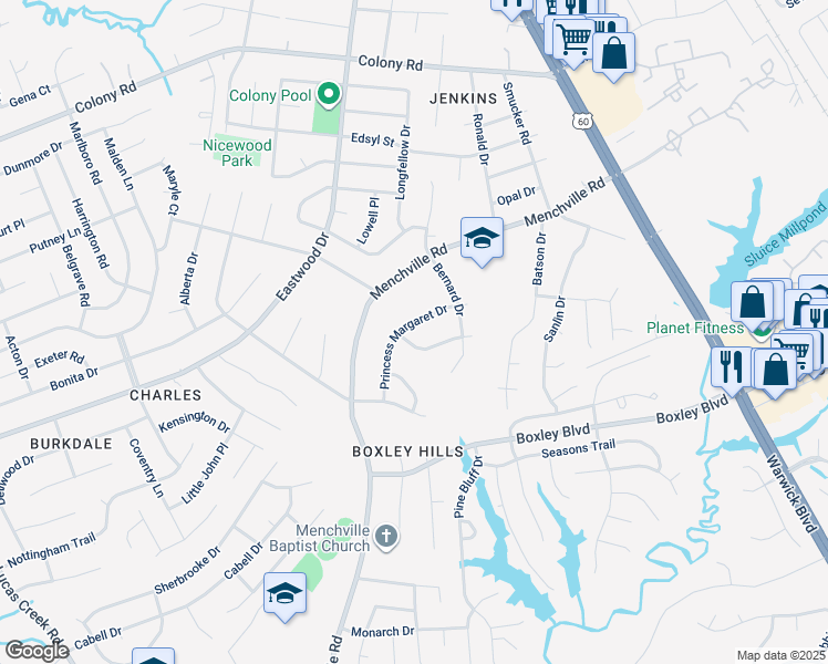 map of restaurants, bars, coffee shops, grocery stores, and more near 146 Princess Margaret Drive in Newport News