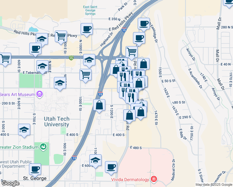 map of restaurants, bars, coffee shops, grocery stores, and more near 14 South 1200 East in St. George