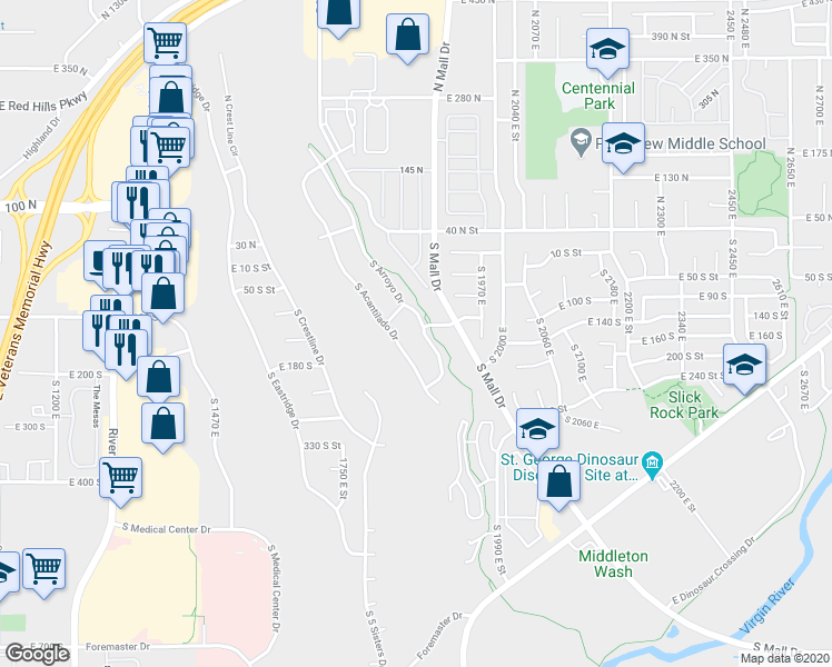 map of restaurants, bars, coffee shops, grocery stores, and more near 114 South Arroyo Drive in St. George