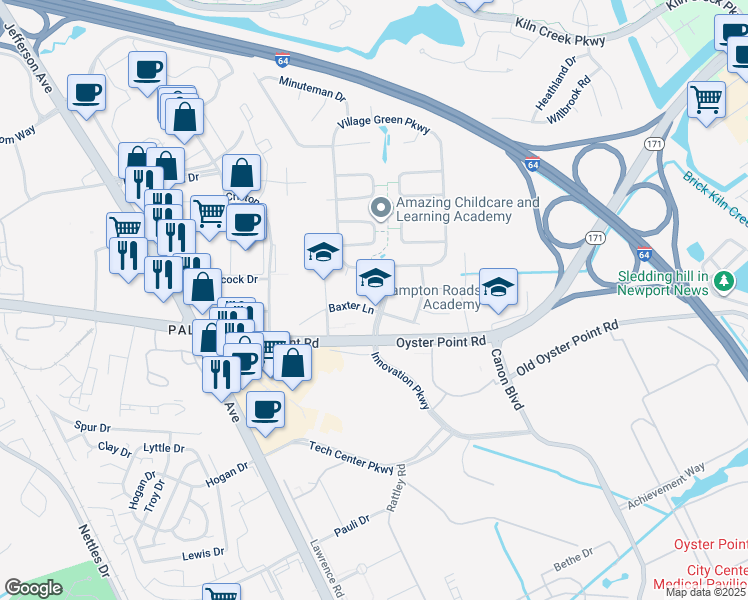 map of restaurants, bars, coffee shops, grocery stores, and more near 2103 Village Green Parkway in Newport News