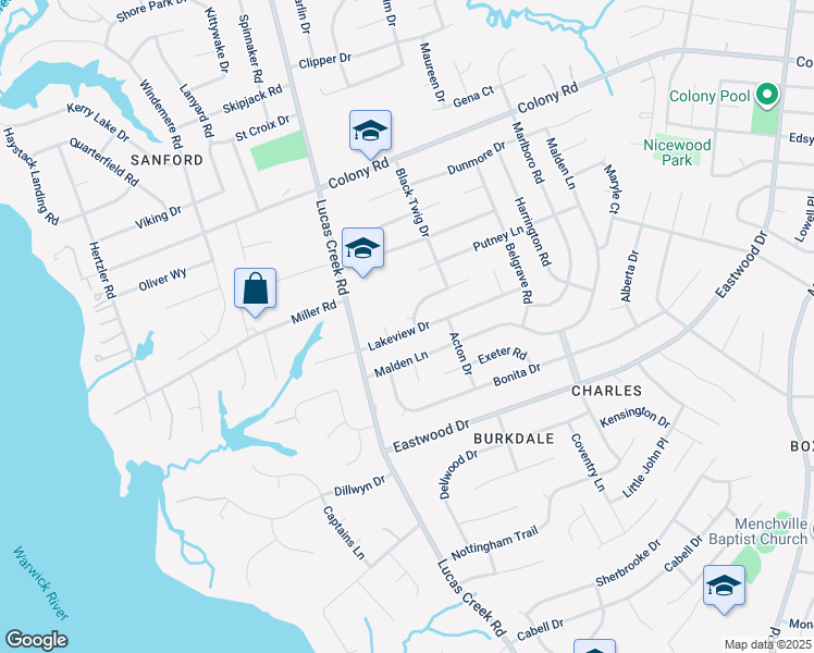 map of restaurants, bars, coffee shops, grocery stores, and more near 111 Plainfield Drive in Newport News