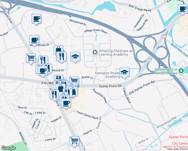 map of restaurants, bars, coffee shops, grocery stores, and more near 2103 Village Green Parkway in Newport News