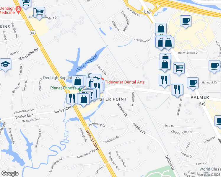 map of restaurants, bars, coffee shops, grocery stores, and more near 314 Oyster Point Rd in Newport News