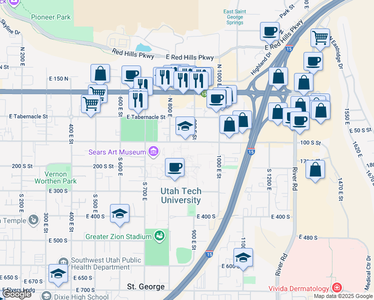 map of restaurants, bars, coffee shops, grocery stores, and more near 225 South 700 East in St. George