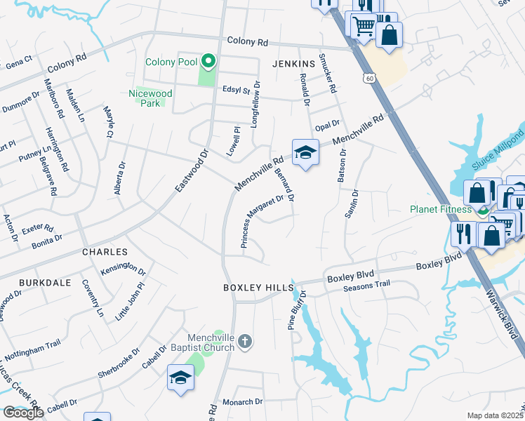 map of restaurants, bars, coffee shops, grocery stores, and more near 146 Princess Margaret Drive in Newport News