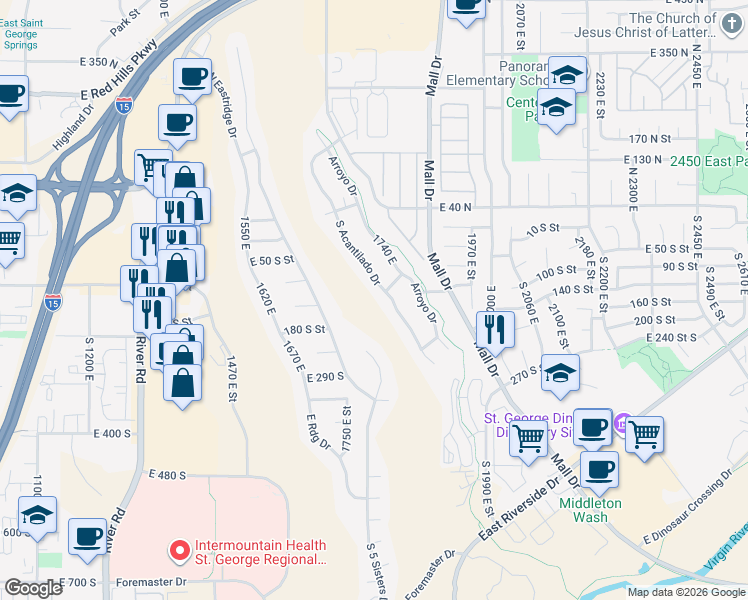 map of restaurants, bars, coffee shops, grocery stores, and more near 86 South Acantilado Drive in St. George