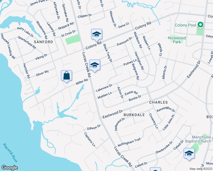 map of restaurants, bars, coffee shops, grocery stores, and more near 111 Plainfield Drive in Newport News