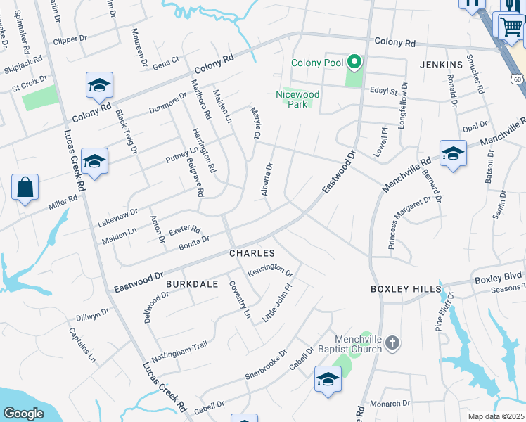 map of restaurants, bars, coffee shops, grocery stores, and more near 27 Bonita Drive in Newport News