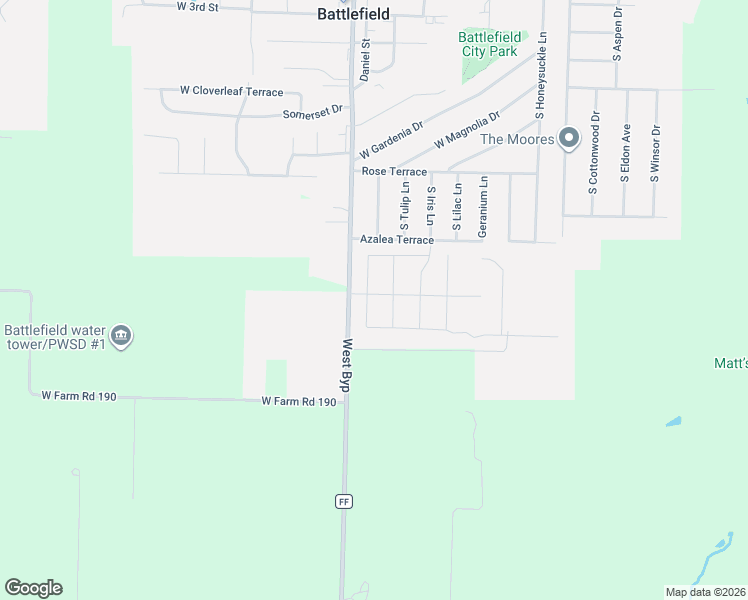 map of restaurants, bars, coffee shops, grocery stores, and more near 5965 South State Highway Ff in Battlefield