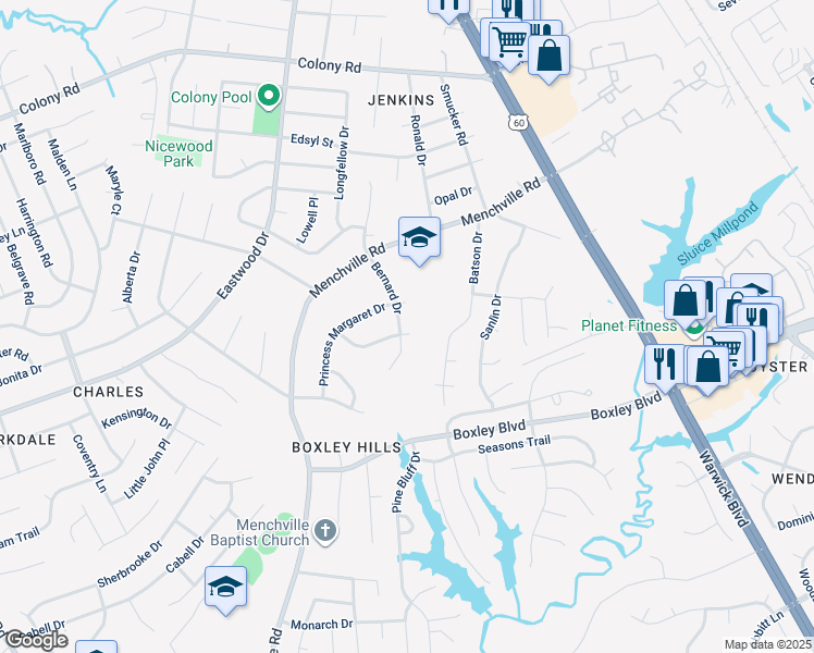 map of restaurants, bars, coffee shops, grocery stores, and more near 16 Bernard Drive in Newport News