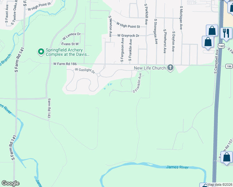 map of restaurants, bars, coffee shops, grocery stores, and more near 1242 West Farm Road 186 in Springfield