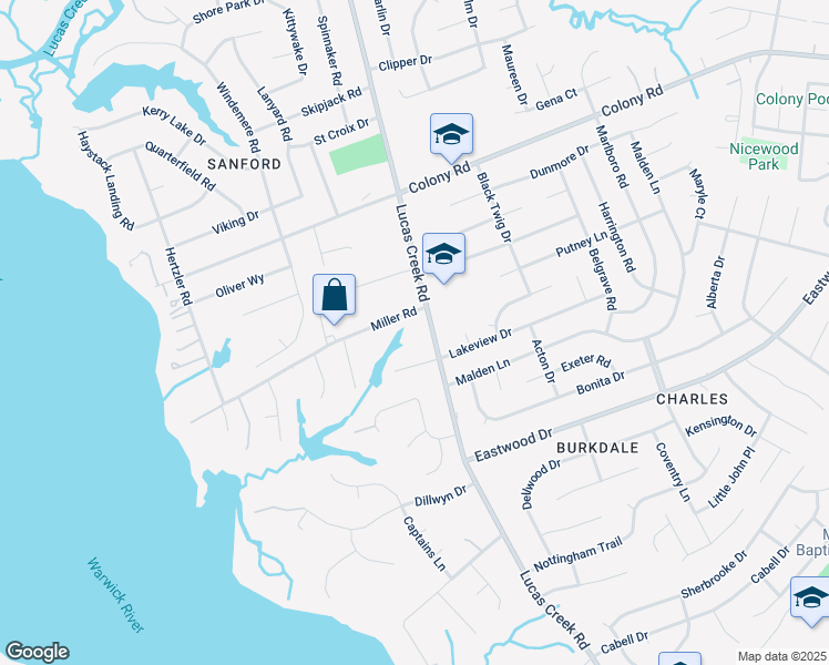 map of restaurants, bars, coffee shops, grocery stores, and more near 251 Lucas Creek Road in Newport News