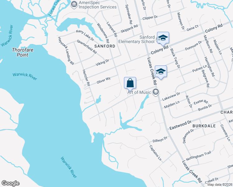 map of restaurants, bars, coffee shops, grocery stores, and more near 308 Windemere Road in Newport News