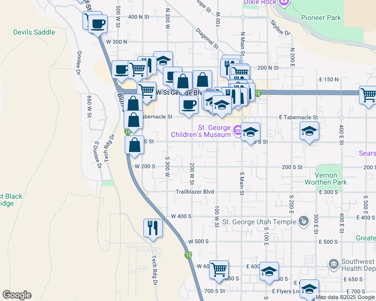 map of restaurants, bars, coffee shops, grocery stores, and more near 132 South 200 West in St. George