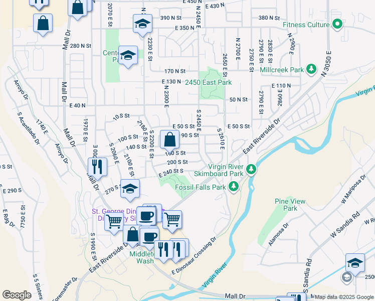 map of restaurants, bars, coffee shops, grocery stores, and more near 2399 East 160 South in St. George