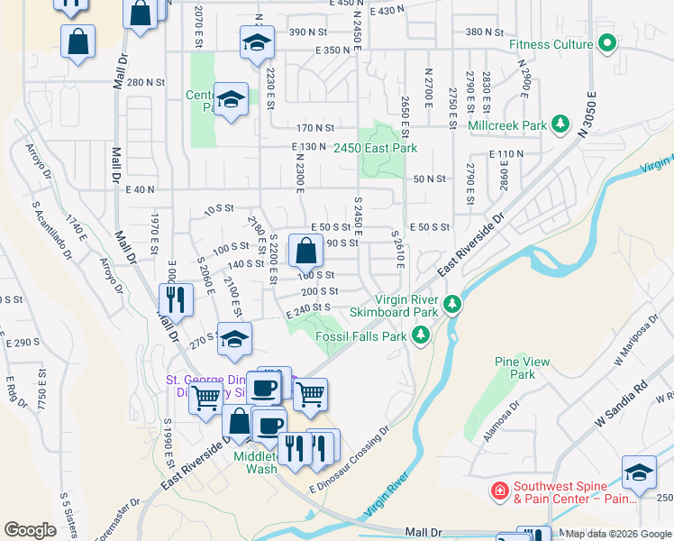 map of restaurants, bars, coffee shops, grocery stores, and more near 2399 East 160 South in St. George