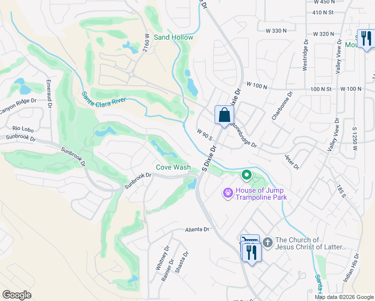 map of restaurants, bars, coffee shops, grocery stores, and more near 1938 West Rivers Edge Lane in St. George