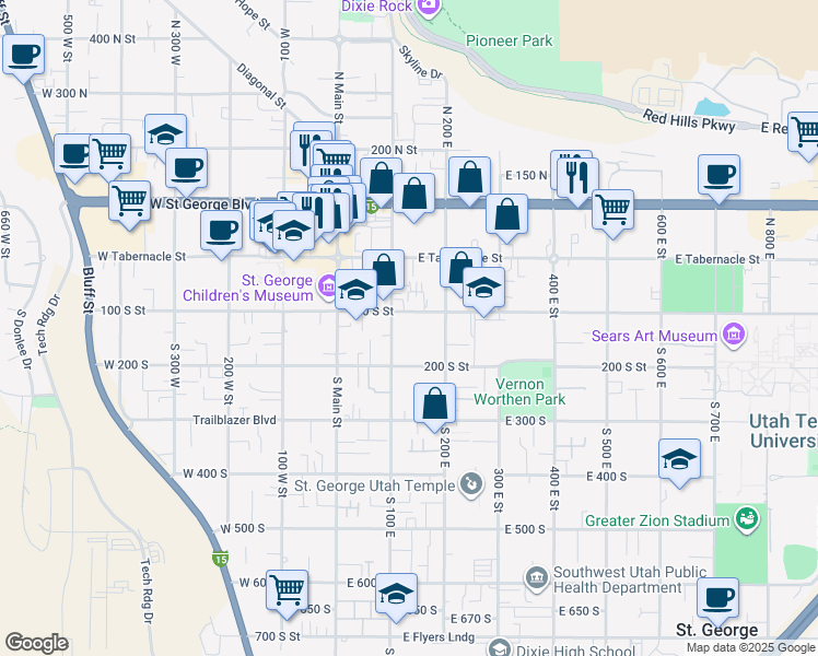 map of restaurants, bars, coffee shops, grocery stores, and more near 134 East 100 South in St. George