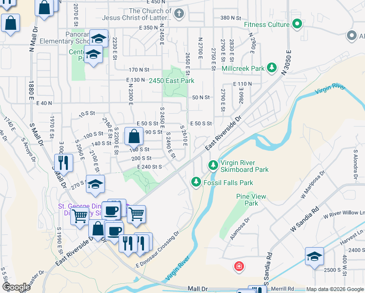 map of restaurants, bars, coffee shops, grocery stores, and more near 2593 East 160 South in St. George