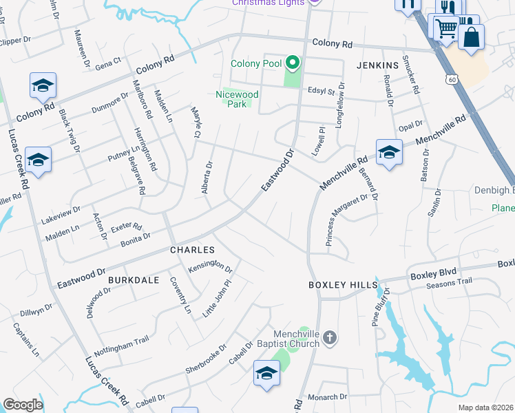 map of restaurants, bars, coffee shops, grocery stores, and more near 126 Nicewood Drive in Newport News